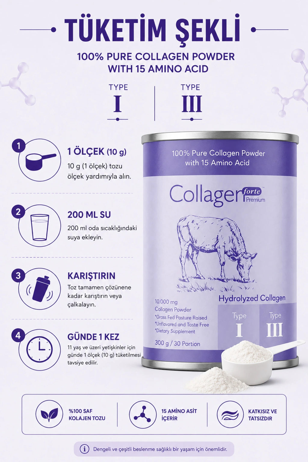 Premium Toz Kolajen tüketim şekli, 1 ölçek 10 g