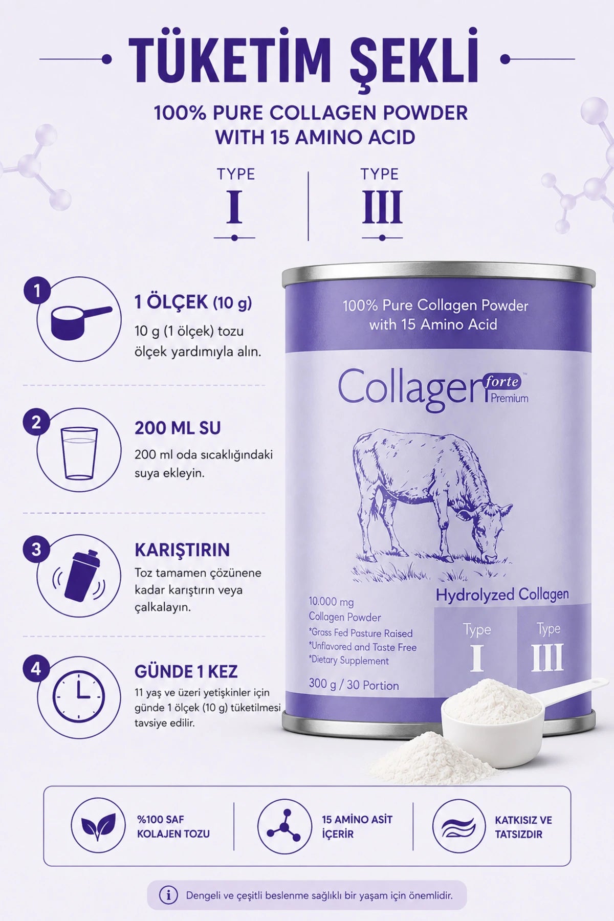 Premium Toz Kolajen tüketim şekli, 1 ölçek 10 g