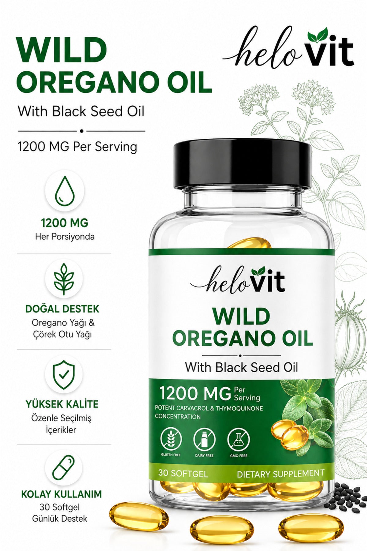 Helovit Kekik Yağı & Çörekotu Yağı 1200 mg, 30 Softgel – ürün görseli