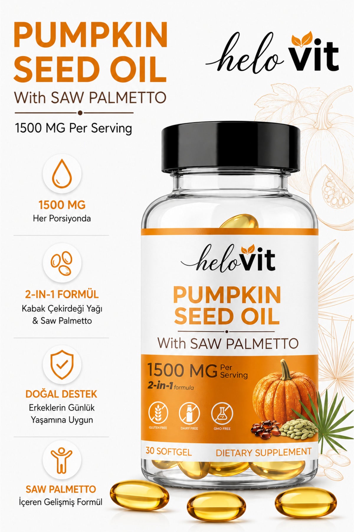Helovit Bal Kabağı Çekirdeği Yağı & Cüce Palmiye 1500 mg, 30 Softgel – ürün görseli