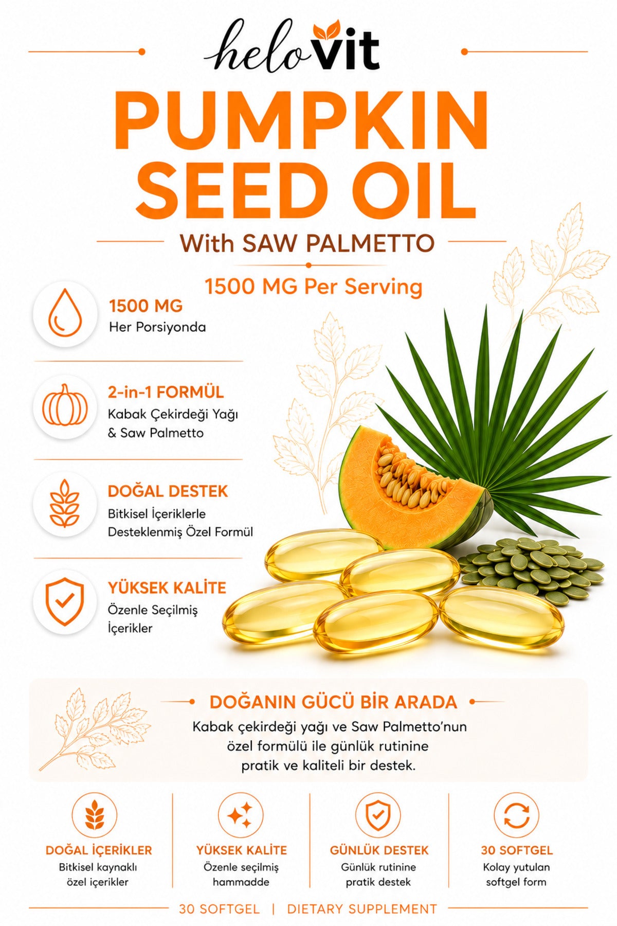Helovit Bal Kabağı Çekirdeği Yağı & Cüce Palmiye 1500 mg, 30 Softgel – ürün detayı 1