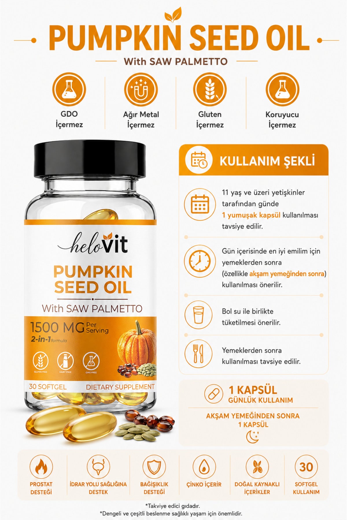 Helovit Bal Kabağı Çekirdeği Yağı & Cüce Palmiye 1500 mg, 30 Softgel – ürün detayı 3