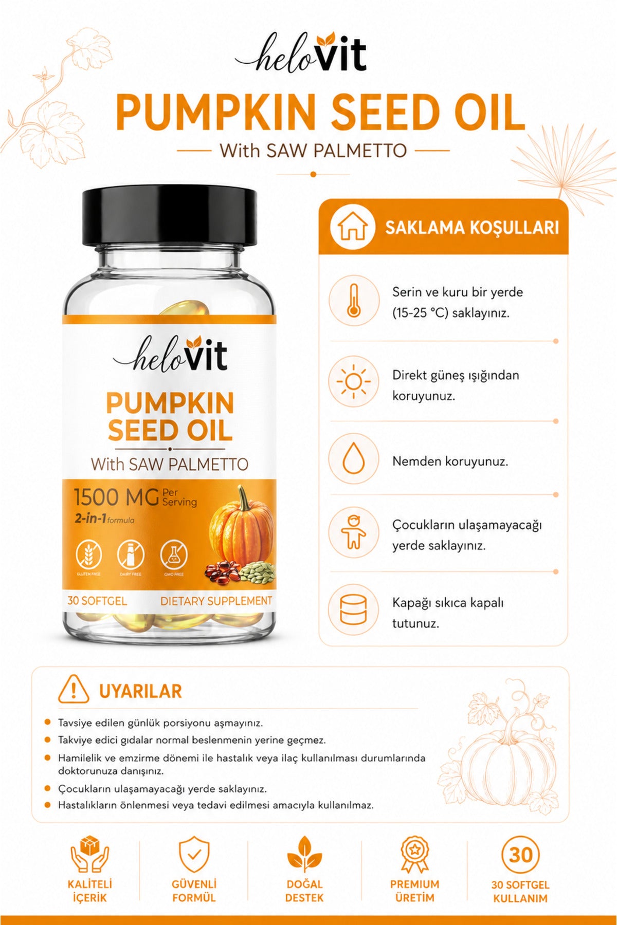 Helovit Bal Kabağı Çekirdeği Yağı & Cüce Palmiye 1500 mg, 30 Softgel – ürün detayı 4