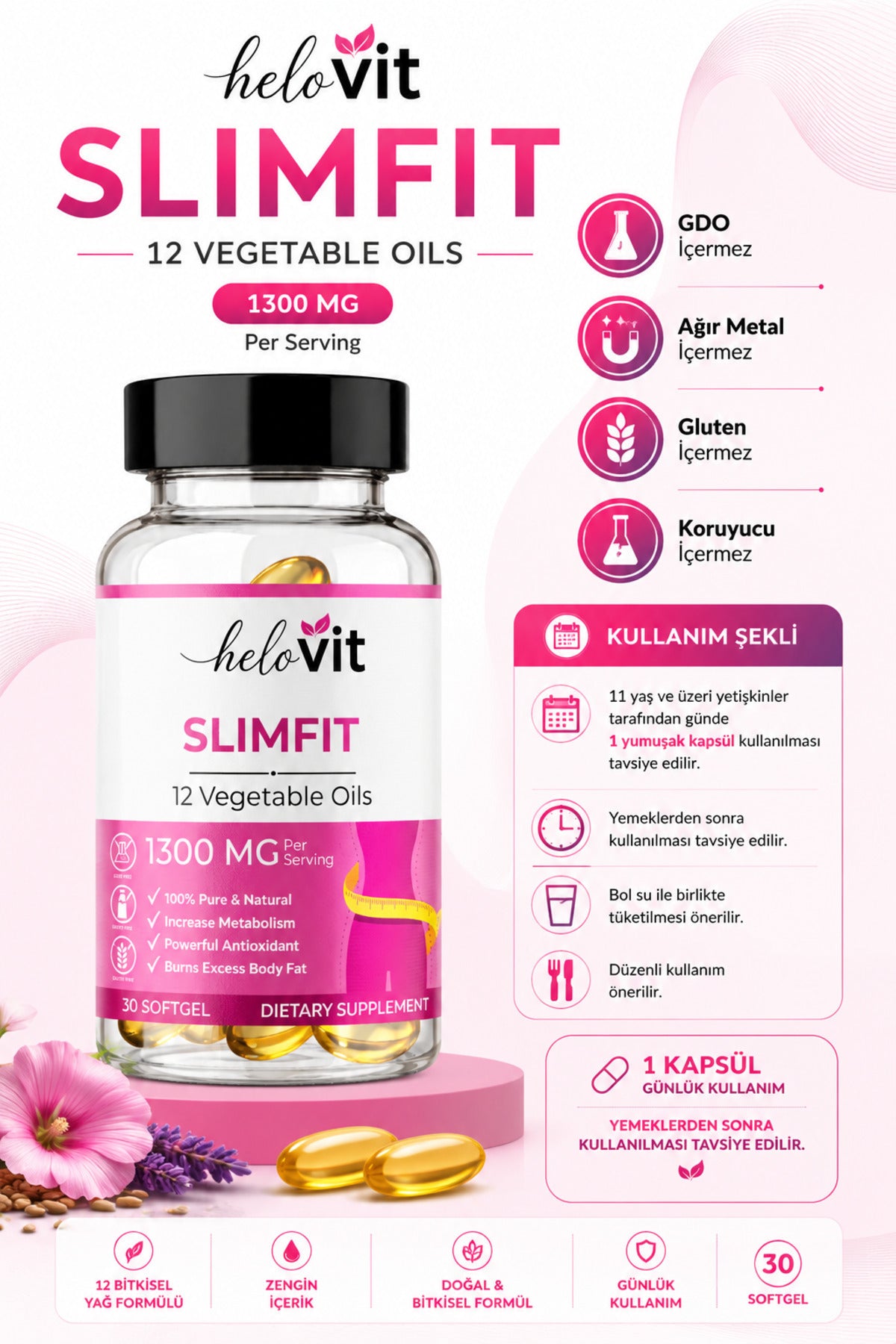 Helovit Slimfit Bitkisel Yağ Kompleksi 1300 mg, 30 Softgel – ürün detayı 3