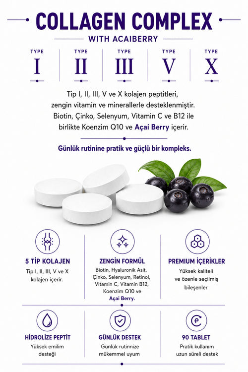 5 Tip Kolajen Complex Tip 1,2,3,5 & Tip 10 + Açai, 90 Tablet "LİLA" – ürün detayı 1